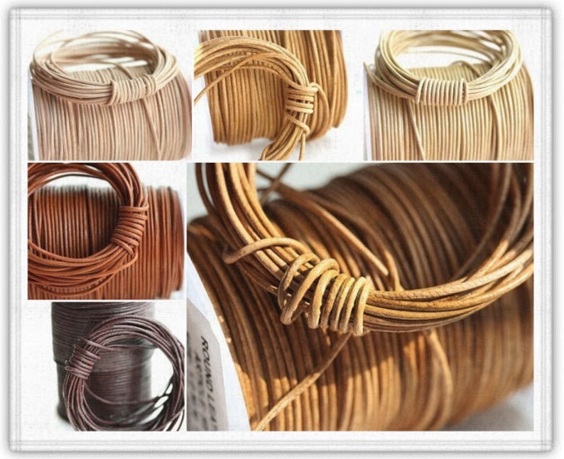 May include: Close-up of spools of leather cord in various colors, including brown, tan, and white. The cord is wound tightly around the spools, creating a textured and intricate pattern.