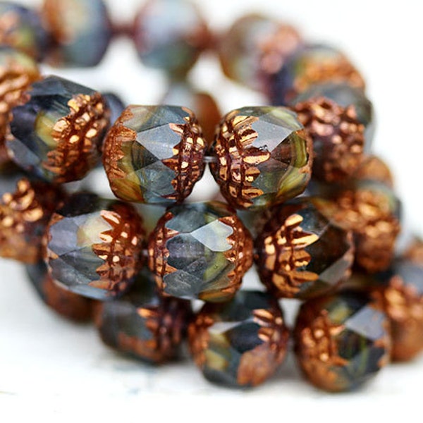 Blue grey Cathedral czech glass beads, mixed color with golden ends, marbled - 8mm - 10Pc - 1291