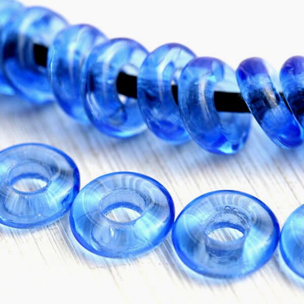 Blue glass Beads for leather cord, Glass ring, Czech beads - Sapphire Blue flat beads, donut shape - 10mm, hole size 4mm - 20Pc - 2161