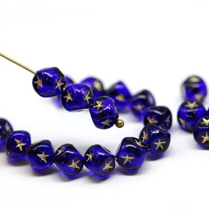 7mm Dark blue cube beads gold silver stars ornament czech glass cubes 20pc image 7