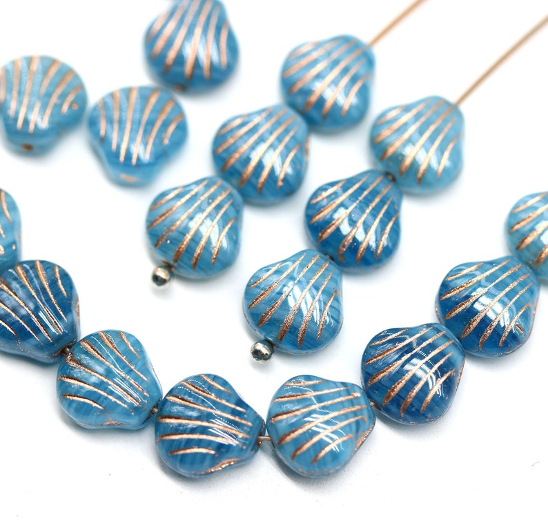 Blue glass shell beads copper wash 9mm Blue czech beads center drilled, 20pc 4088 image 1