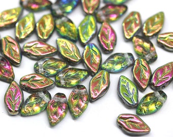 AB Finish Czech Glass Leaf Beads: Metallic Pink Green, 10x6mm (40pc)
