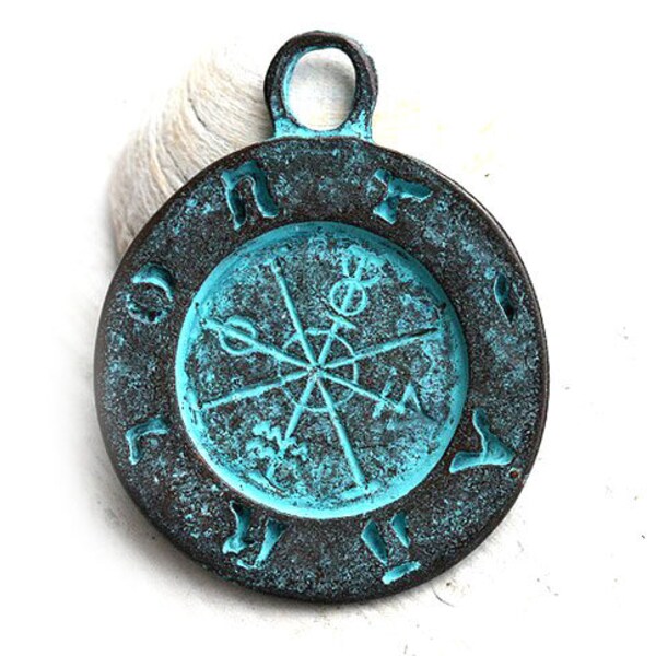 Ancient Symbols round pendant bead Verdigris patina on copper Greek metal casting 35mm Lead Free - F166