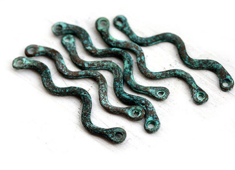 35mm Long Wavy connector links Green patina copper link Lead Free greek metal casting beads jewelry making findings 6Pc F197 image 7