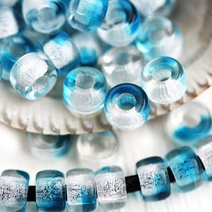 50pc Pony beads, Crystal Clear and Blue Czech glass Roller beads, 2mm large hole, round spacer beads - 6mm - 2881