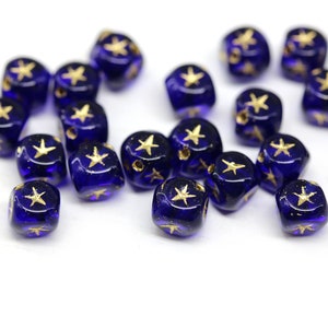 7mm Dark blue cube beads gold silver stars ornament czech glass cubes 20pc Blue/gold
