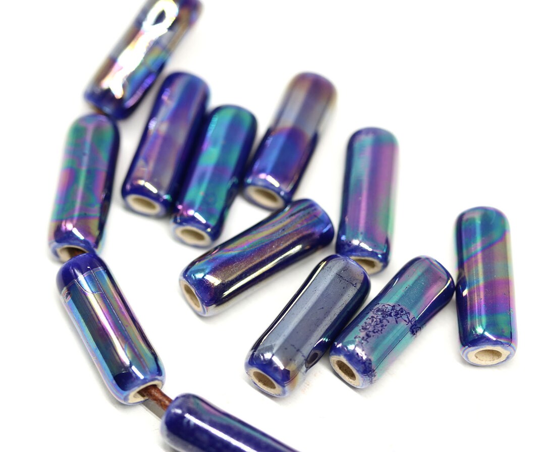 17mm Dark Blue Ceramic Tube Beads, AB Finish, Long Greek Ceramic Enamel