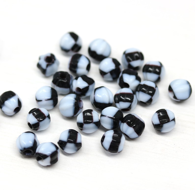 1.5mm hole black and white 6mm czech glass round melon shape beads for leather cord 30pc 3115