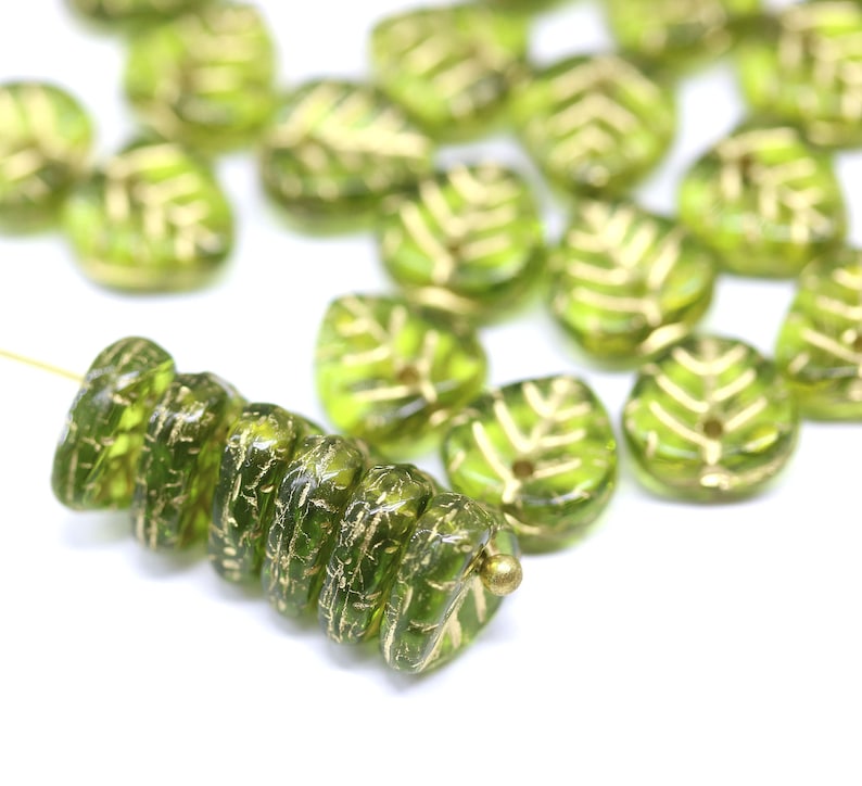 9mm Olive green leaf beads golden wash Olivine heart shaped triangle leaf Czech glass small leaves, 30pc 0027 image 3