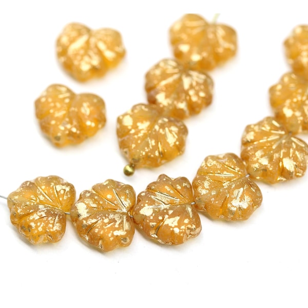 Frosted yellow czech glass maple leaf beads 11x13mm gold flakes - 5802