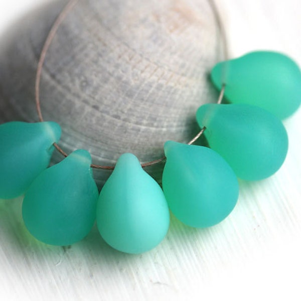 Teardrop beads, briolettes - Matte Opal light Teal Green, Seafoam Green, czech glass drops - 10x14mm - 6Pc - 1091