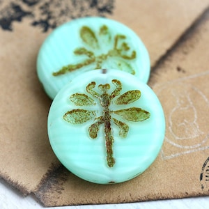 Czech Dragonfly beads Mint Green Picasso czech glass, large, round, tablet shape 23mm 2Pc 1432 image 1