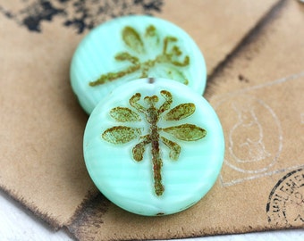 Czech Dragonfly beads - Mint Green Picasso - czech glass, large, round, tablet shape - 23mm - 2Pc - 1432