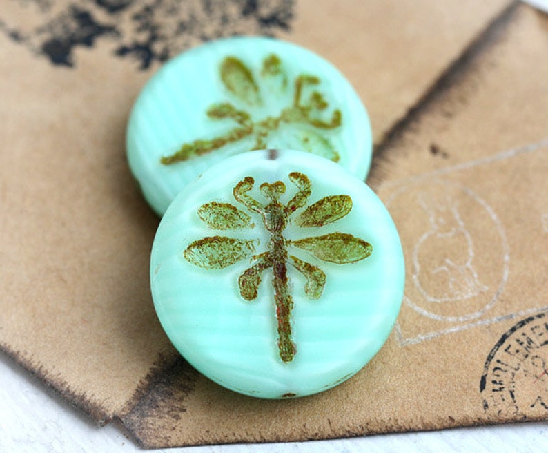 Czech Dragonfly beads Mint Green Picasso czech glass, large, round, tablet shape 23mm 2Pc 1432 image 1