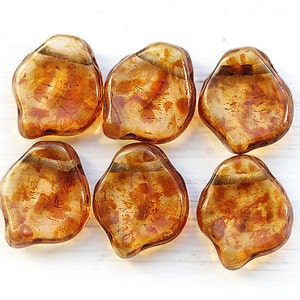 Large Picasso leaf beads, Brown Topaz Picasso glass leaves, chunky wavy beads - 12x15mm - 10Pc - 0545