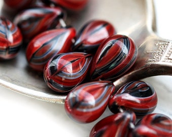 6x9mm Dark red czech glass teardrop beads, red black drops top drilled, 20Pc - 5129