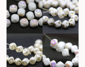 7mm White cube beads Gold stars ornament czech glass pressed cubes 20pc