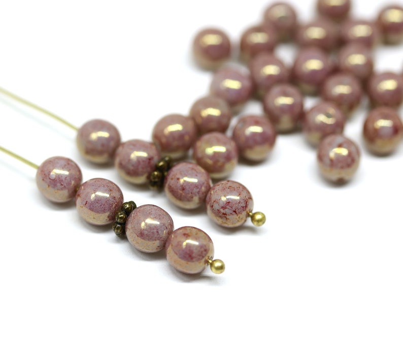 Dusty pink 6mm czech glass round beads, Goldish luster, druk pressed beads spacers 50Pc 1116 image 1