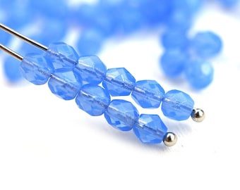 Opal Cornflower Blue Czech Glass Beads: 4mm Faceted Fire Polished (50Pc)