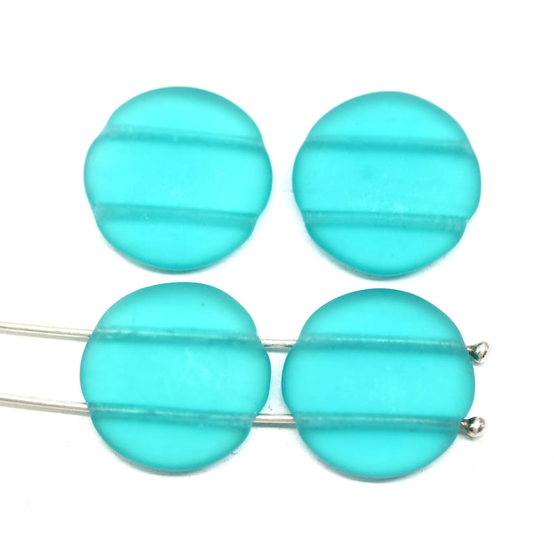 18mm Round dome cabochon beads Two hole flat coin czech glass beads, 4Pc Matte teal