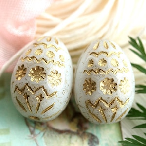 White Easter eggs Czech glass beads Bird eggs Easter decoration large oval ornament beads, 2Pc - 1913