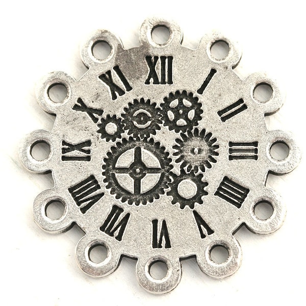 Pendentif cadran d’horloge de 40 mm, charme de cadran de montre, perle de métal, argent antique, trouvaille de montre - F487