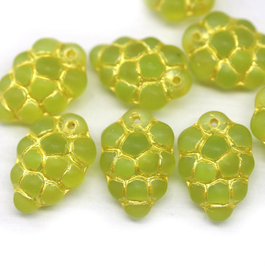 Frosted Green Grape Gold Inlays Czech Glass Fruit Beads Top Drilled 8pc ...