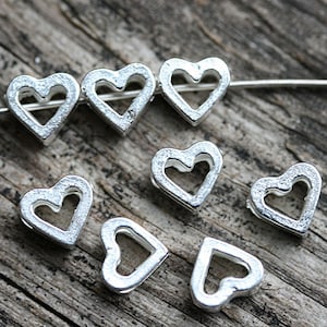 Puffy heart beads, Silver hearts, Romantic, Greek beads, heart connector - 8Pc - F381