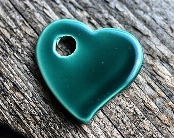 Heart Pendant bead - dark pine Green - greek ceramic bead, enamel coating, large - 1pc - F061