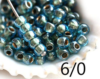 Blue TOHO seed glass beads, size 6/0, Gold Lined Aqua N 990, round japanese rocaille beads 10g - S330