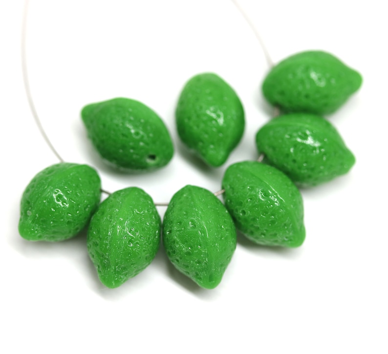 Lemon beads Czech glass lime fruit beads Vegan jewelry 14x10mm Dark green