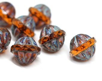 Dark Topaz large fancy bicone beads, Picasso carved Czech glass fire polished round 12x14mm beads 4Pc - 0080