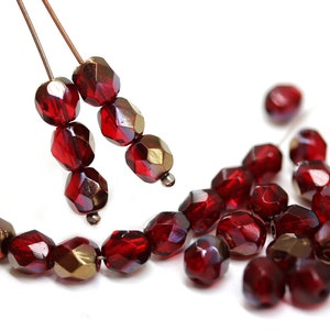 6mm Dark red Czech glass round cut beads garnet red copper luster fire polished spacers, 30pc - 4036