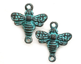 Bee connectors, green patina on copper, large Bee charms, Greek metal casting beads, patinated findings for jewelry making - 2Pc - F295