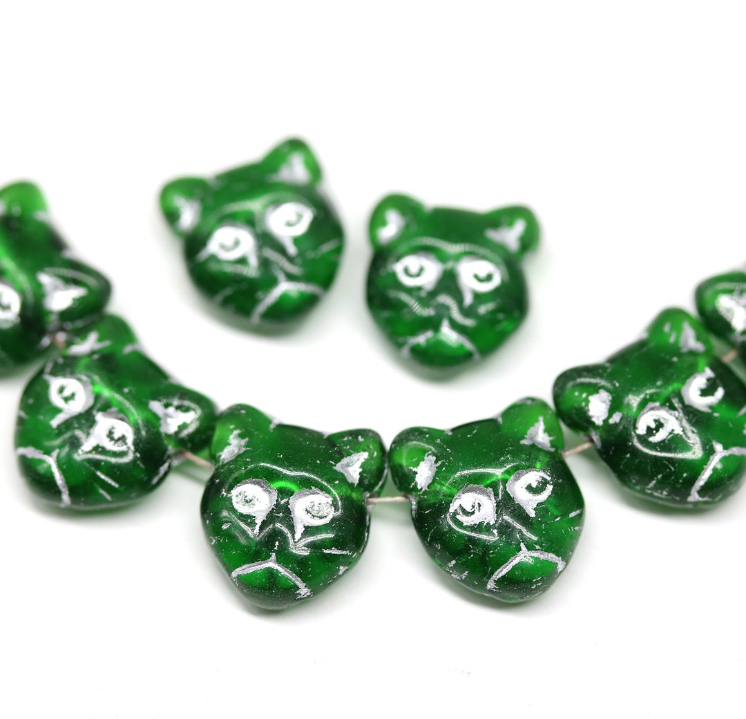 Emerald Green Cat Beads: Czech Glass Feline Beads With Silver Inlays ...
