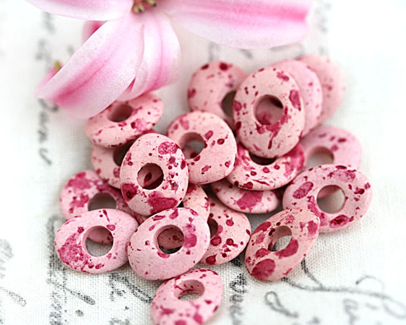 Pink Cornflake beads greek Ceramic rondelle beads, organic shape, donut washer, 10mm 20pc 2763 image 2