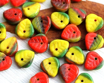 Heart shaped leaf beads, Bright mix Yellow Orange Red Green leaves, Czech glass beads, petals - 9mm - 30Pc - 1272