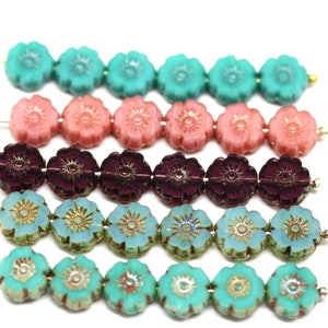 8mm Hibiscus flower Czech glass pink floral green turquoise daisy picasso beads image 8