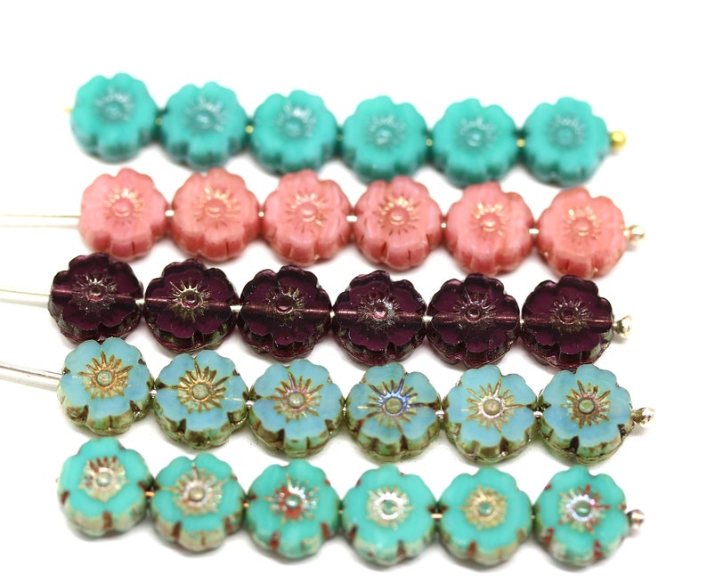 8mm Hibiscus flower Czech glass pink floral green turquoise daisy picasso beads image 8