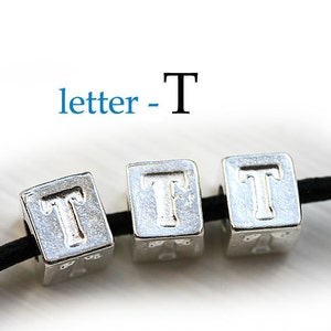 Silver Letter T - Alphabet Letter Beads, 7mm, greek metal letters, cube beads, for leather cord, personalized, 3pc - F316