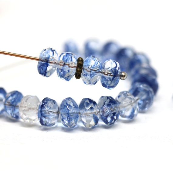 Czech Glass Rondelle Beads: Crystal Clear Blue, Faceted Gemstone Cut (25pc)