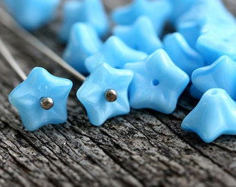 Sky blue flower beads Czech glass blue bell flower 5 star trumpet flower blue glass floral beads - 6x9mm - 20Pc - 0263