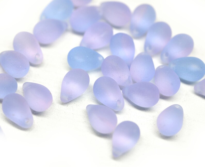 6x9mm Lilac teardrop czech beads, frosted glass purple blue drop beads 30pc 5356 image 4