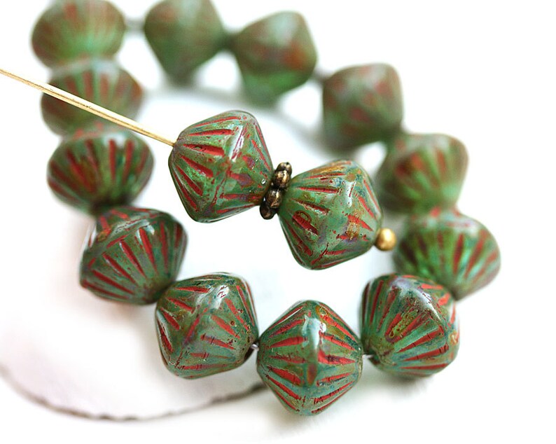 9mm Picasso Green Bicone beads Rustic czech glass carved aged beads 2898 15Pc