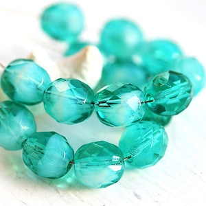 8mm Round Czech glass beads Ocean Teal Green mixed color, fire polished ball beads, faceted beads 15Pc 3044 image 1