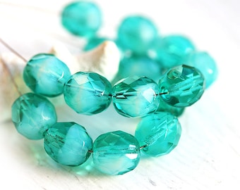 8mm Round Czech glass beads - Ocean Teal Green mixed color, fire polished ball beads, faceted beads - 15Pc - 3044