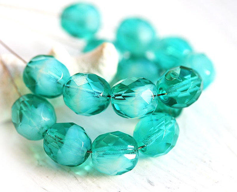 8mm Round Czech glass beads Ocean Teal Green mixed color, fire polished ball beads, faceted beads 15Pc 3044 image 1