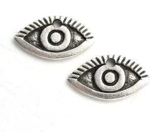 Antique Silver Evil Eye Pendant Charms: Greek Metal Beads (2pc)