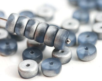 Blue and Silver Rondelle beads, Montana Blue 6x3mm pressed czech glass spacers, Matte finish rondels - 40Pc - 2924