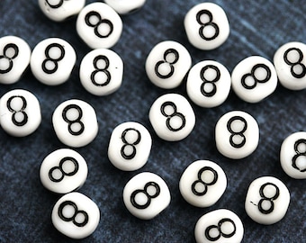 8 Number beads, white czech glass beads with black inlays, number 8 bead, symbol, 6mm - 25pc - 2470